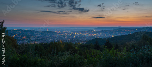 Stuttgart skyline aerial view froma bove at night photo