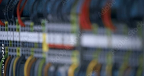 Electrical panel with many wires, electrical parts, automatic switches, breakers, residual current devices, fuses, terminals 