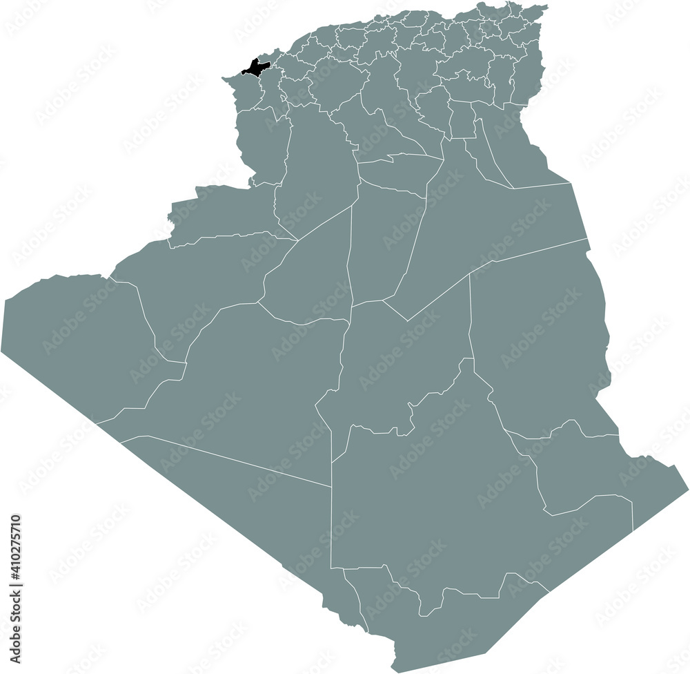 Fototapeta premium Black location map of the Algerian Ain Timouchent province inside gray map of Algeria