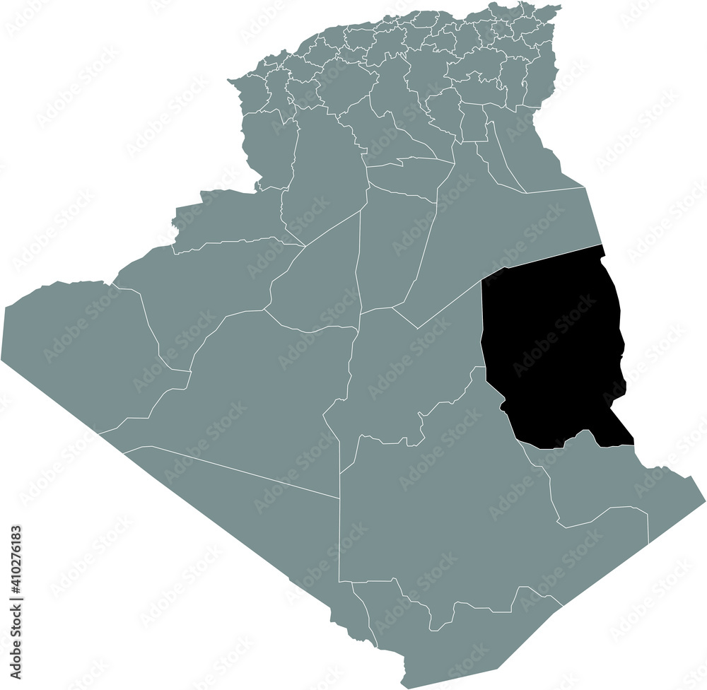 Fototapeta premium Black location map of the Algerian Illizi province inside gray map of Algeria