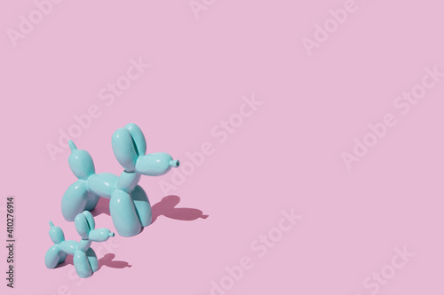 Blue balloon dogs on pastel pink background. Love card. Layout. Flat design. Minimal mood concept.
