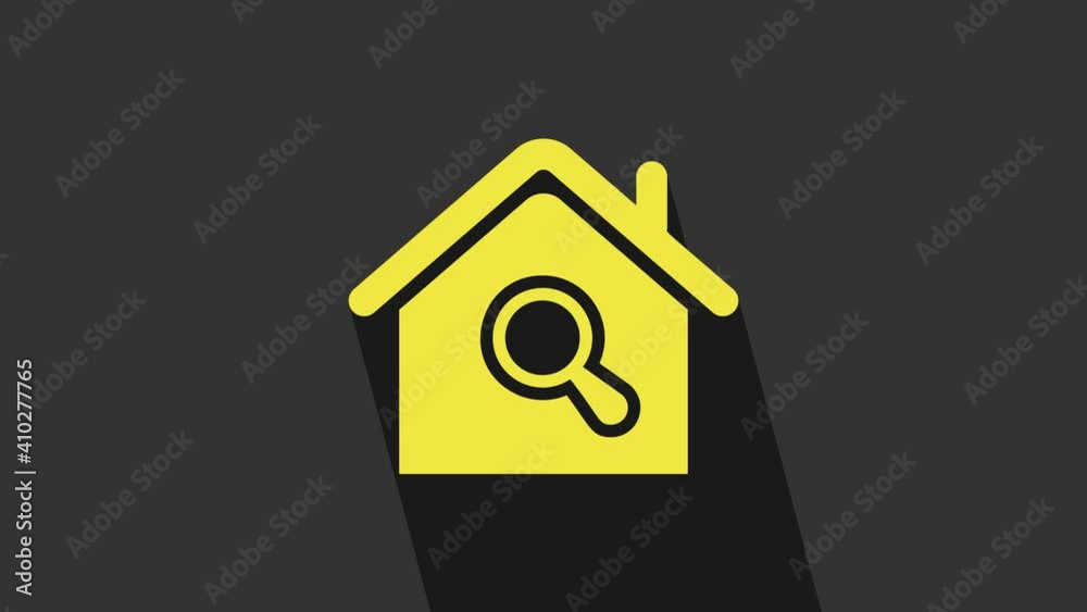 Yellow Search house icon isolated on grey background. Real estate symbol of a house under magnifying glass. 4K Video motion graphic animation Yellow Search house icon isolated on grey background. Real estate symbol of a house under magnifying glass. 4K Video motion graphic animation