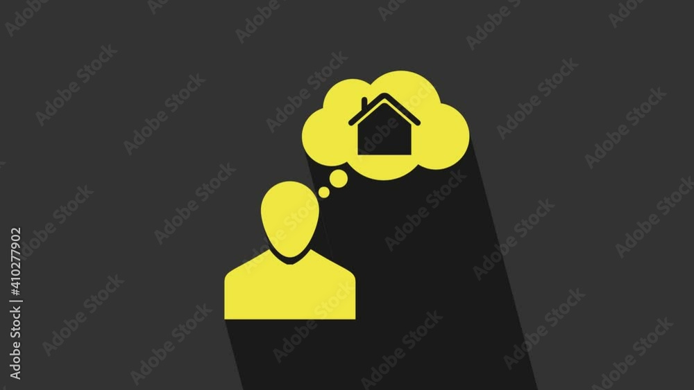 Yellow Man dreaming about buying a new house icon isolated on grey background. 4K Video motion graphic animation Yellow Man dreaming about buying a new house icon isolated on grey background. 4K Video motion graphic animation