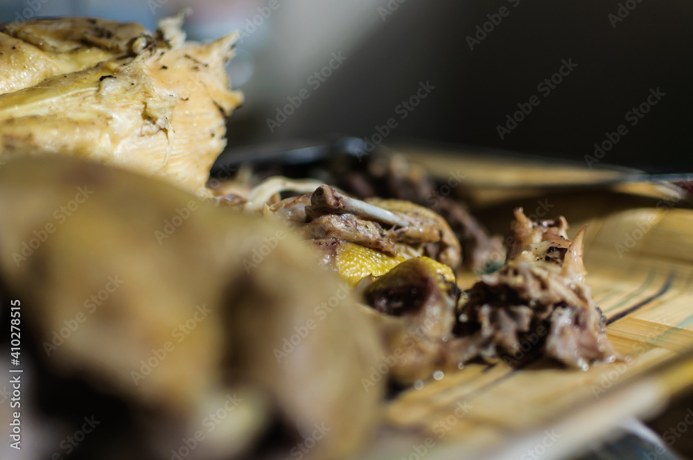 close up detail of boiled chicken with soft focus background prepared for meal close up detail of boiled chicken with soft focus background prepared for meal