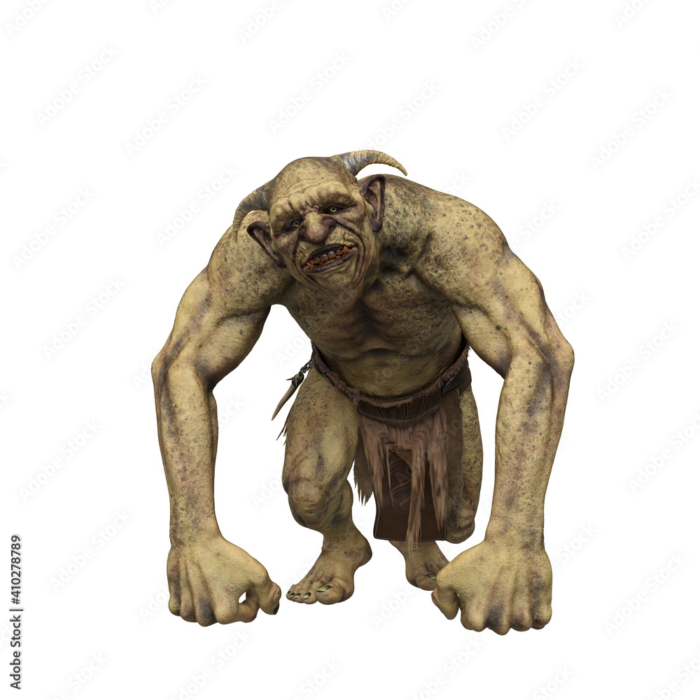 Troll fantasy creature with inquisative expression and leaning on