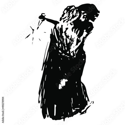 Two fighting people with a knife. Hand drawn rough sketch. Black and white silhouette.