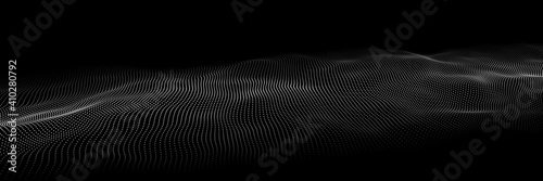 Wave 3d. Wave of particles. Dynamic wave on black background. Futuristic point wave. Design for poster. Technology vector background. Vector illustration.