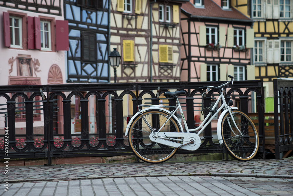 view of retro bicycle on  typical architecture background  in Colmar - France