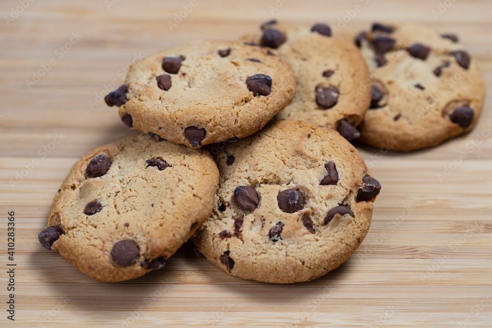 Chocolate Chip Cookies On Wooden Surface, Close Up Selective Focus Shot Chocolate Chip Cookies On Wooden Surface, Close Up Selective Focus Shot