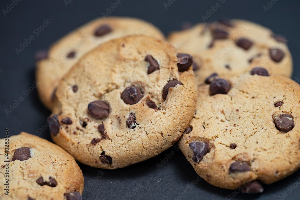 Chocolate Chip Cookies On Dark Background in Selective Focus Macro Shot Chocolate Chip Cookies On Dark Background in Selective Focus Macro Shot
