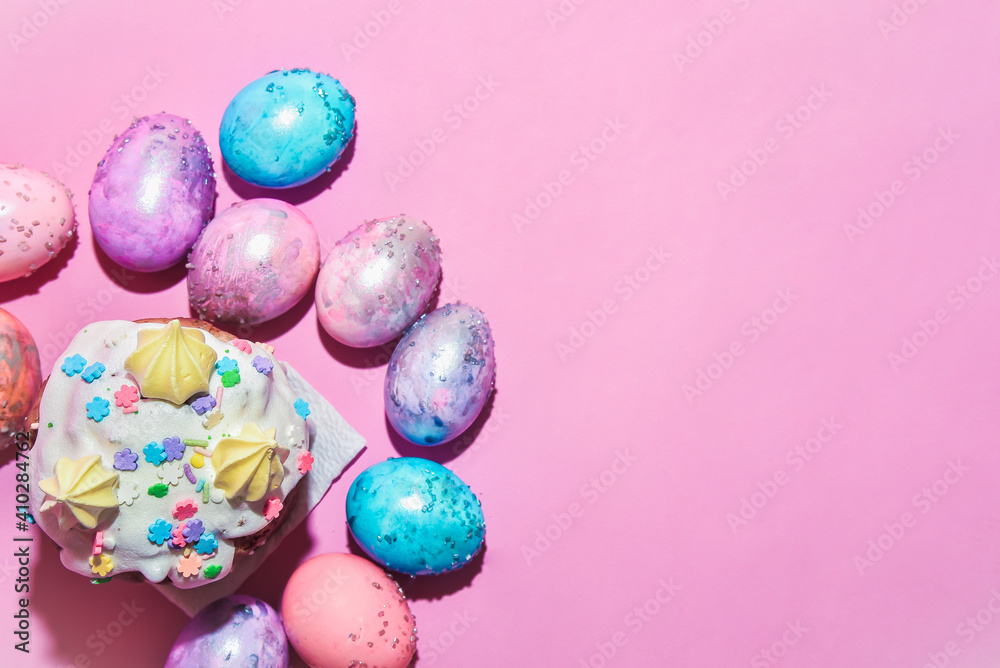 Easter eggs and orchid flower on a pink backdrop. Happy easter food and decorations, Orthodox easter celebration, spring theme, happy easter festive food Easter eggs and orchid flower on a pink backdrop. Happy easter food and decorations, Orthodox easter celebration, spring theme, happy easter festive food