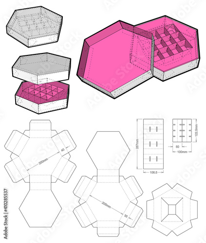 Hexagonal self assembly packaging and Die-cut Pattern. Ease of assembly, no need for glue. The .eps file is full scale and fully functional. Prepared for real cardboard production.