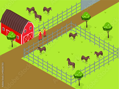 Horse farming isometric 3d vector concept for banner, website, illustration, landing page, flyer, etc.