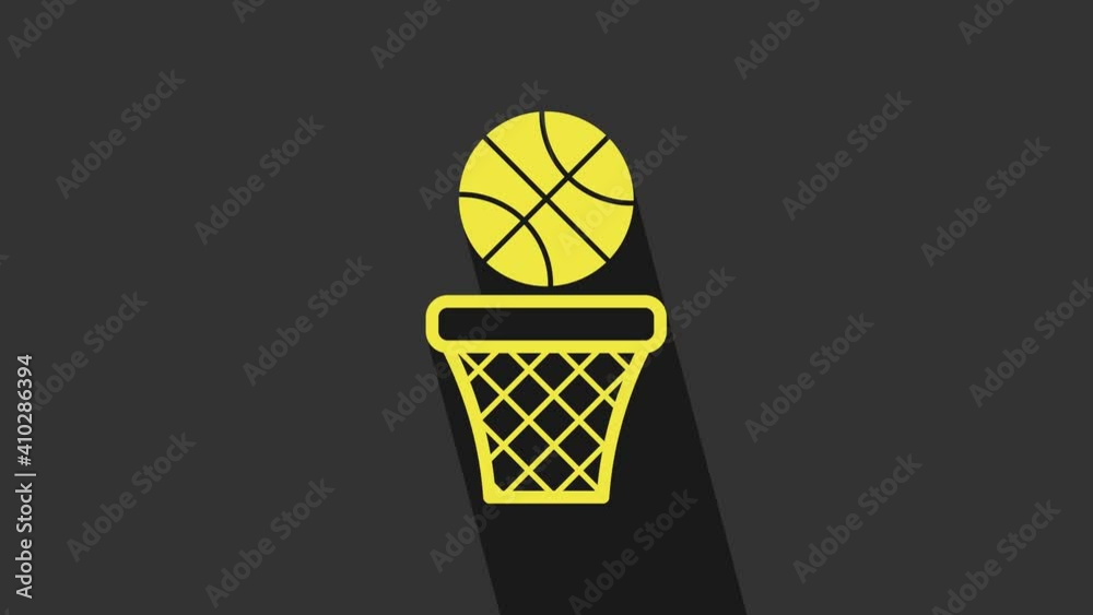 Yellow Basketball ball and basket icon isolated on grey background. Ball in basketball hoop. 4K Video motion graphic animation Yellow Basketball ball and basket icon isolated on grey background. Ball in basketball hoop. 4K Video motion graphic animation