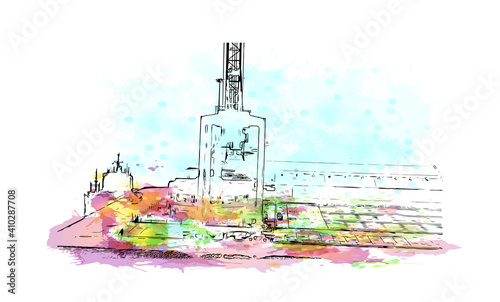 Building view with landmark of Muscat is the
capital of Oman. Watercolour splash with hand drawn sketch illustration in vector.