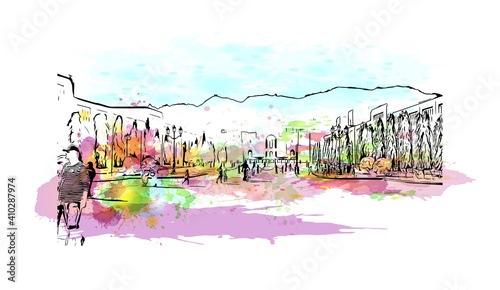 Building view with landmark of Muscat is the
capital of Oman. Watercolour splash with hand drawn sketch illustration in vector.