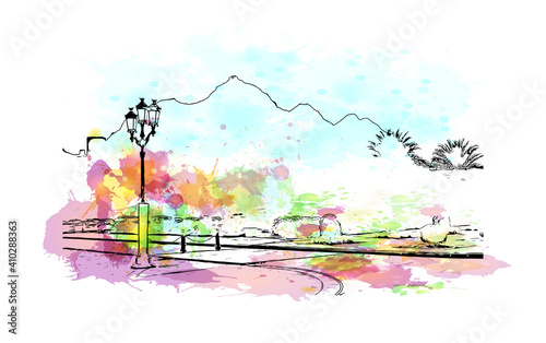 Building view with landmark of Muscat is the
capital of Oman. Watercolour splash with hand drawn sketch illustration in vector.