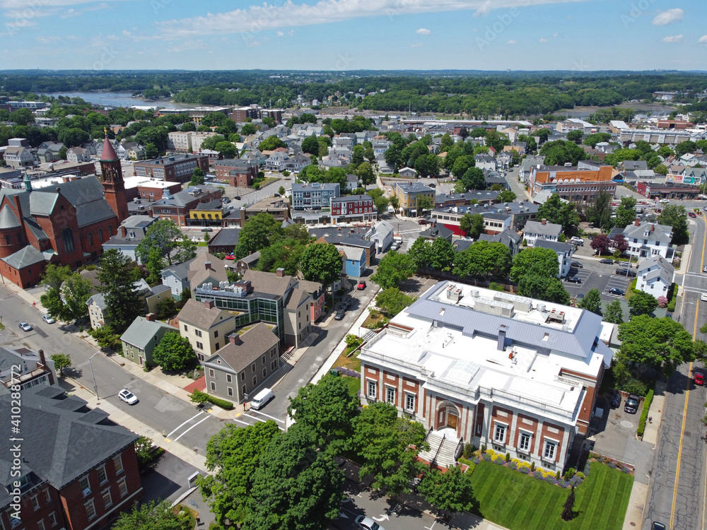 Beverly Public Library aerial view at 32 Essex Street with Cabot Street at the background in historic city center of Beverly, Massachusetts MA, USA. 
