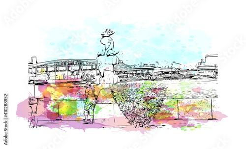 Building view with landmark of Muscat is the
capital of Oman. Watercolour splash with hand drawn sketch illustration in vector.