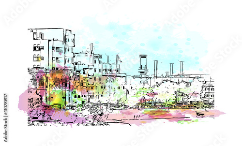 Building view with landmark of Muscat is the
capital of Oman. Watercolour splash with hand drawn sketch illustration in vector.