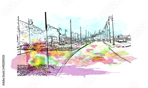 Building view with landmark of Muscat is the
capital of Oman. Watercolour splash with hand drawn sketch illustration in vector.