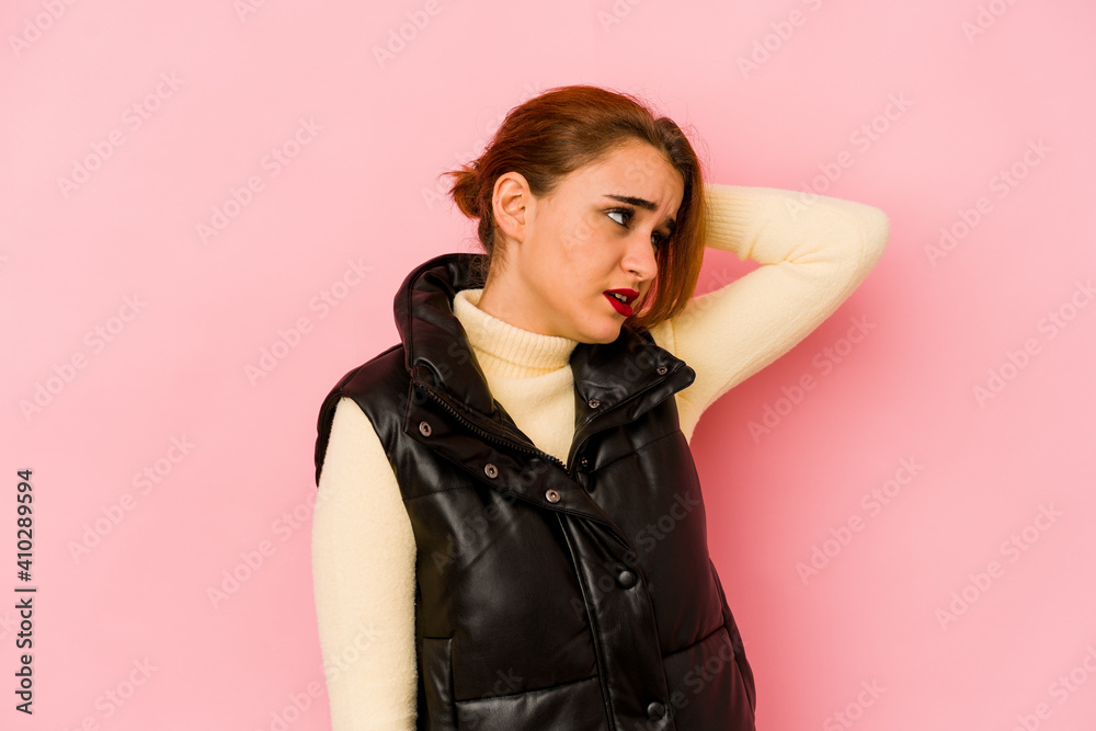 Fototapeta premium Young arab mixed race woman tired and very sleepy keeping hand on head.