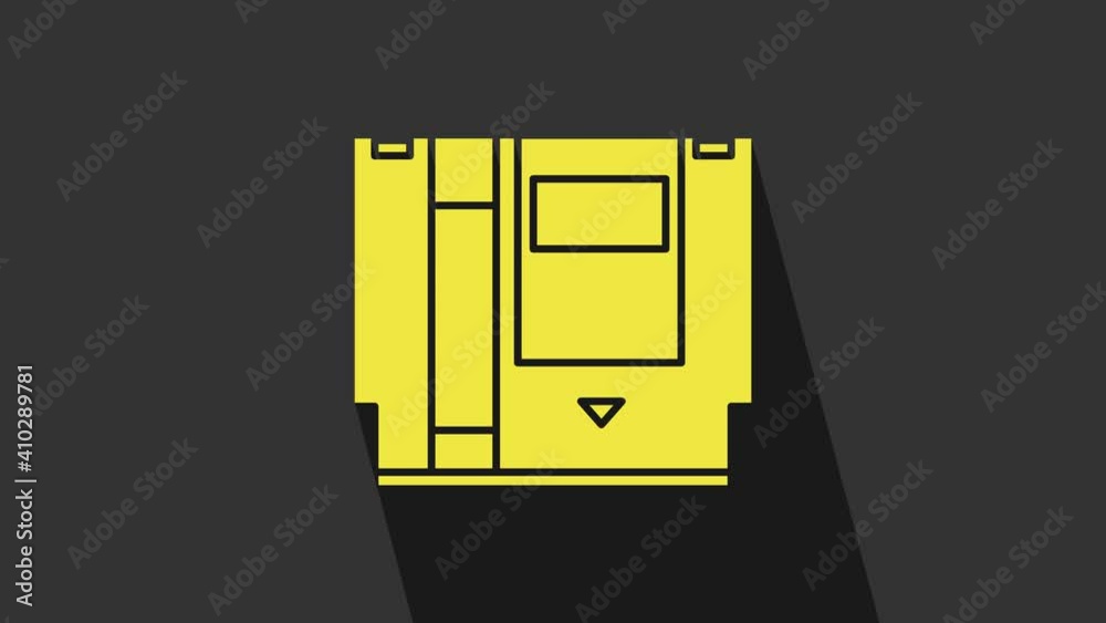 Yellow Cartridge for retro game console icon isolated on grey background. TV Game cartridge. 4K Video motion graphic animation Yellow Cartridge for retro game console icon isolated on grey background. TV Game cartridge. 4K Video motion graphic animation