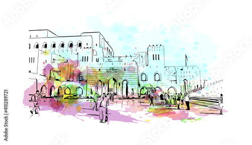 Building view with landmark of Muscat is the
capital of Oman. Watercolour splash with hand drawn sketch illustration in vector.