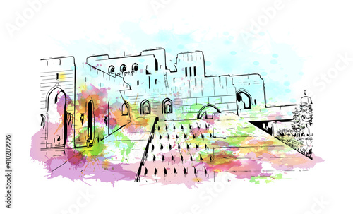 Building view with landmark of Muscat is the
capital of Oman. Watercolour splash with hand drawn sketch illustration in vector.