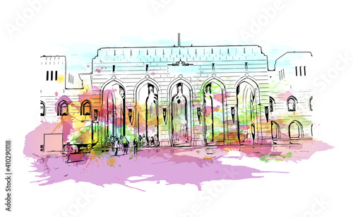 Building view with landmark of Muscat is the
capital of Oman. Watercolour splash with hand drawn sketch illustration in vector.