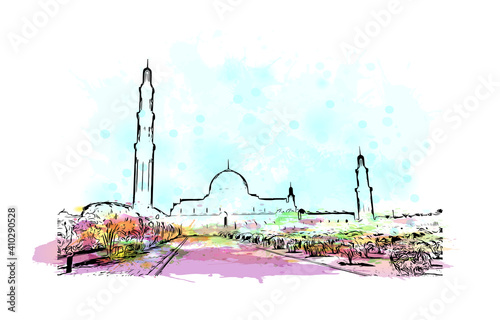 Building view with landmark of Muscat is the
capital of Oman. Watercolour splash with hand drawn sketch illustration in vector.
