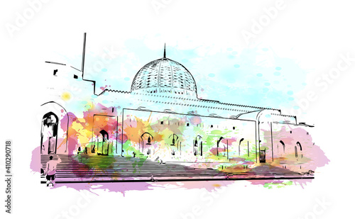 Building view with landmark of Muscat is the
capital of Oman. Watercolour splash with hand drawn sketch illustration in vector.