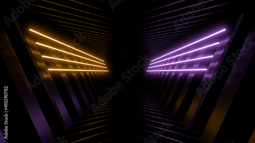 Fototapeta Naklejka Na Ścianę i Meble -  Sci Fy neon lamps in a dark tunnel. Reflections on the floor and walls. 3d rendering image.