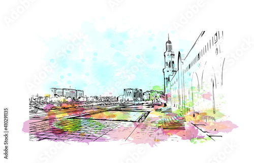 Building view with landmark of Muscat is the
capital of Oman. Watercolour splash with hand drawn sketch illustration in vector.