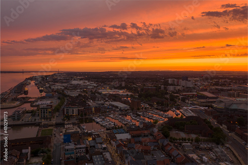 Aerial view of Hull cityscape along the Humber river at sunset, Kingston upon Hull, United Kingdom. photo