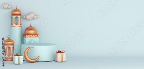 Foto Islamic display podium decoration background with mosque, lantern, crescent cartoon style, ramadan kareem, mawlid, iftar, isra  miraj, eid al fitr adha, muharram, copy space text, 3D illustration