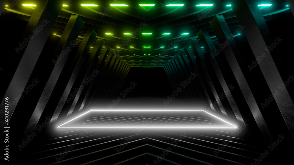 Sci Fy neon lamps in a dark tunnel. Reflections on the floor and walls. 3d rendering image. Sci Fy neon lamps in a dark tunnel. Reflections on the floor and walls. 3d rendering image.
