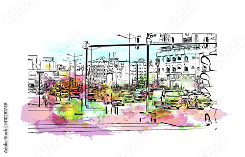 Building view with landmark of Muscat is the
capital of Oman. Watercolour splash with hand drawn sketch illustration in vector.