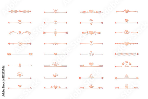 Heart divider rose gold line border set. Graphic love metallic decorative element for design book page, text wedding invitation, card, elegant decor for Valentine day. Isolated vector illustration