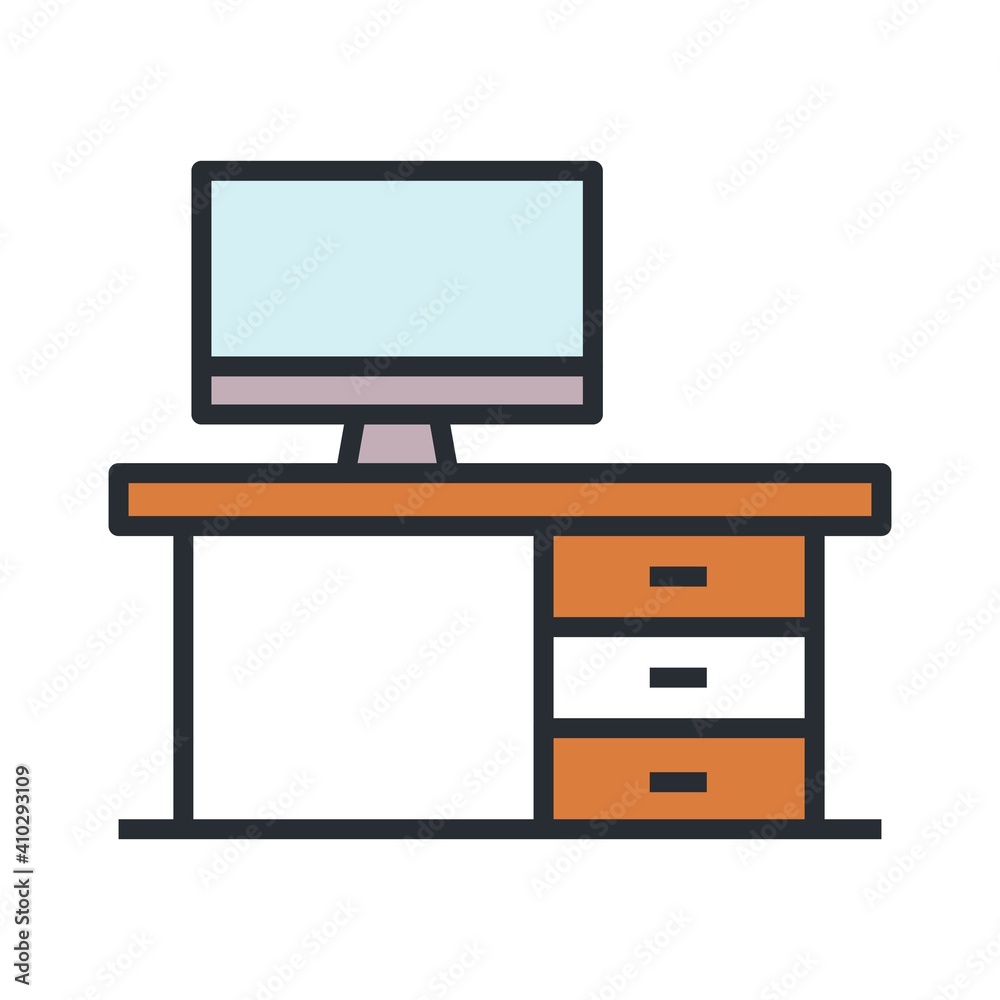 Computer desk, workplace icon. Flat vector illustration. Computer desk, workplace icon. Flat vector illustration.