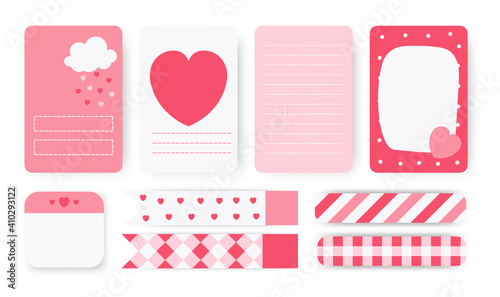 To do list, sticker and duct tape set. Cute planner notebook page. Note paper with abstract heart of hand drawn clouds. Template card great for valentine day organizer. Background vector illustration