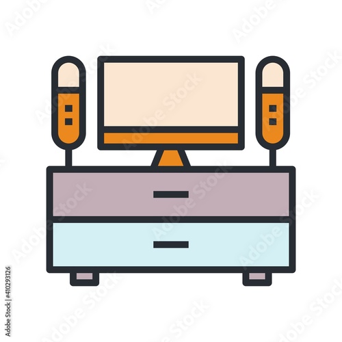 Home theater concept with tv and musical speakers isolated vector illustration. Flat icon design.