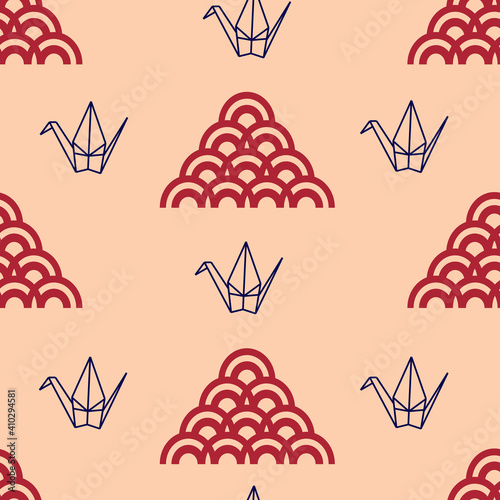 Vector seamless pattern with origami paper birds and scalloped pattern. Perfect for wallpaper, scrapbooking and fabric.