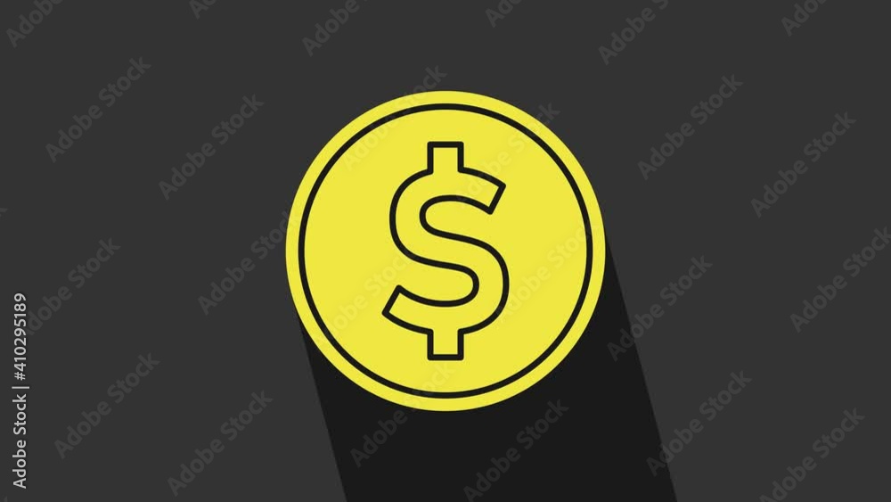Yellow Coin money with dollar symbol icon isolated on grey background. Banking currency sign. Cash symbol. 4K Video motion graphic animation Yellow Coin money with dollar symbol icon isolated on grey background. Banking currency sign. Cash symbol. 4K Video motion graphic animation