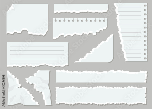 White ripped paper sheets flat set for web design. Cartoon blank torn notepaper memos isolated vector illustration collection. Notepad empty pieces and shred of notes concept