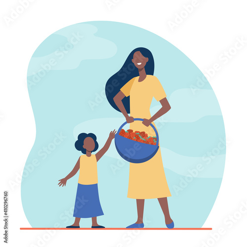 Woman and kid carrying basket of strawberry. Mom and daughter  fresh berries  fruit. Flat vector illustration. Organic food  gardening  fruits concept for banner  website design or landing web page