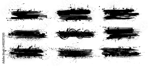 Ink paintbrush template with splashes. Vector collection black grunge paintbrush, ink brush stroke. Dirty artistic design elements. Inked splatter, dirt stain, splatter, brush with drops blots. Vector