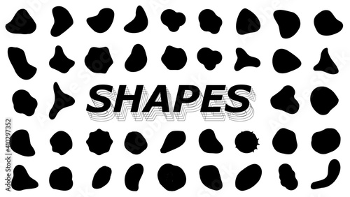 A collection of varied shapes. Concept spots and blots grunge. Abstract templates Irregularly shaped organic black droplets in flat style. Liquid simple amorphous stains. Vector shapes liquid set