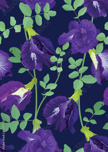 Seamless pattern of clitoria ternatea or butterfly pea flower on blue background template. Vector set of floral element for wedding invitations, greeting card, brochure, banners and fashion design.