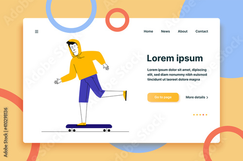 Guy in casual skateboarding. Male character riding longboard flat vector illustration. Skateboarder outdoor activity, lifestyle concept for banner, website design or landing web page